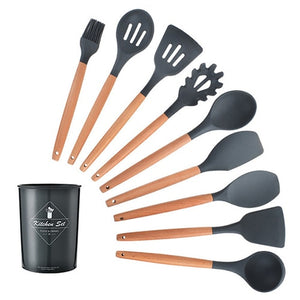 9/10/12PCS Silicone Cooking Utensils Set Non-stick Spatula Shovel Wooden Handle Cooking Tools Set With Storage Box Kitchen Tools