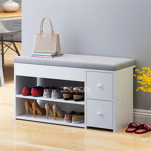 C3008-1 MDF Shoes Cabinet With 2-Drawer Cotton-Flax Cushion Shoe Storage Stool Living Room Shoe Rack Change Shoe Bench Organizer