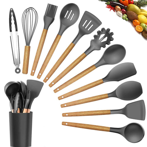 Best Silicone Cooking Utensil Set Wooden Handle Spatula Soup Spoon Brush Ladle Pasta Colander Non-stick Cookware Kitchen Tools