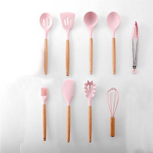 hot 11pcs Silicone Cooking Utensils Set Non-stick Spatula Shovel Wooden Handle Cooking Tools Set With Storage Box Kitchen Tools