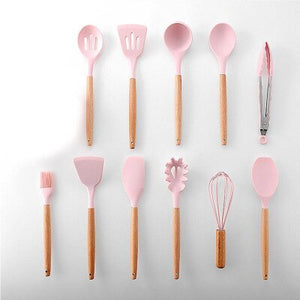 hot 11pcs Silicone Cooking Utensils Set Non-stick Spatula Shovel Wooden Handle Cooking Tools Set With Storage Box Kitchen Tools