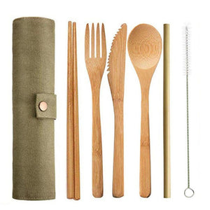 6pcs/set Straw Kitchen Utensil With Random Bag Eco-friendly Travel Reusable Portable Bamboo Cutlery Set Spoon Fork Chopstick