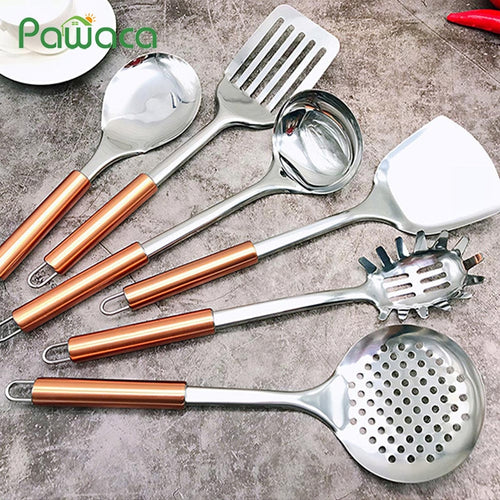 6PCS Cooking Utensils Set Stainless Steel Kitchen Utensil Set Spatula Spoon Colander Kitchen Tools with Copper Plated Handle